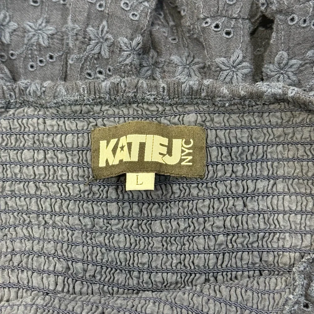 Katie J NYC Navy Eyelet Cutout Puff Sleeve Dress